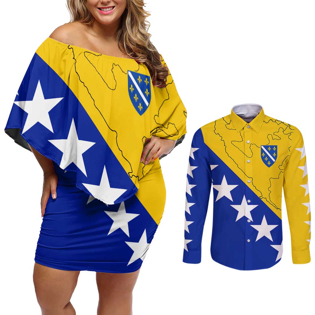 Bosnia and Herzegovina Couples Matching Off Shoulder Short Dress and Long Sleeve Button Shirt Flag and Coat of Arms Hoodie – Unique Combination Design