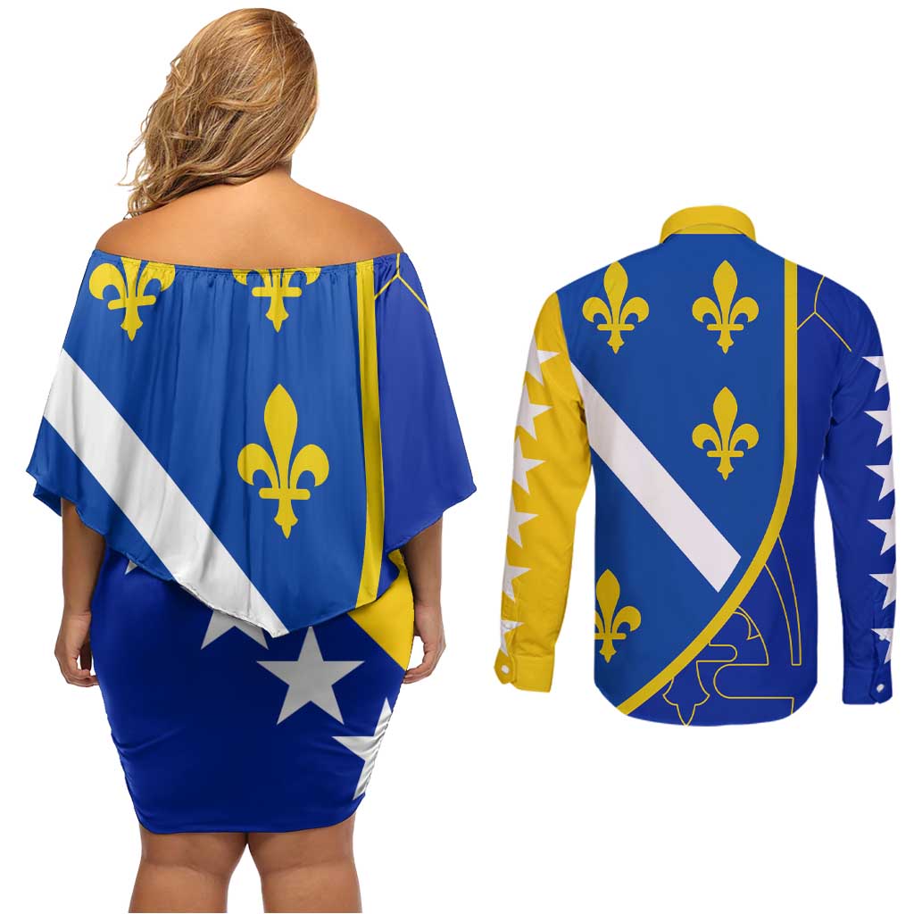 Bosnia and Herzegovina Couples Matching Off Shoulder Short Dress and Long Sleeve Button Shirt Flag and Coat of Arms Hoodie – Unique Combination Design
