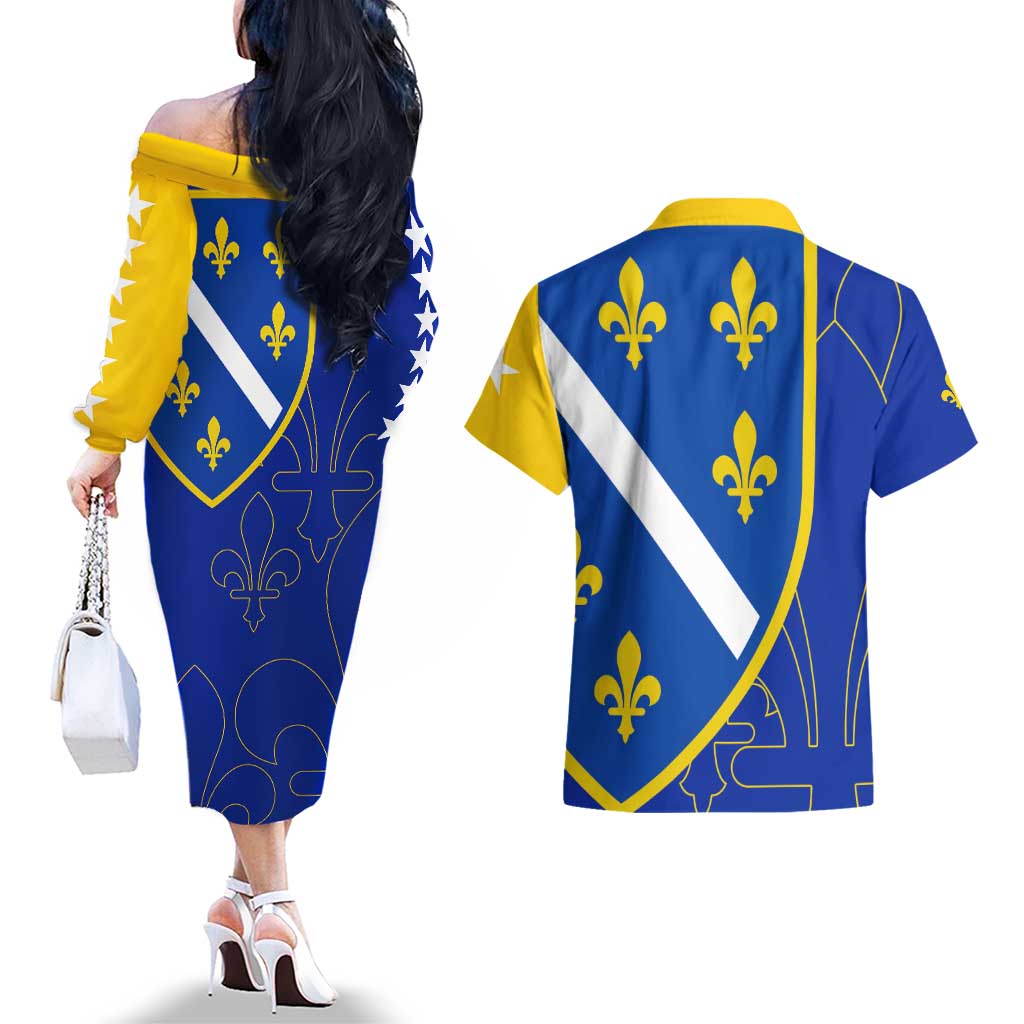 Bosnia and Herzegovina Couples Matching Off The Shoulder Long Sleeve Dress and Hawaiian Shirt Flag and Coat of Arms Hoodie – Unique Combination Design