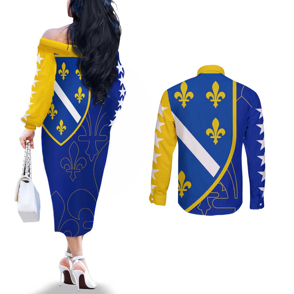 Bosnia and Herzegovina Couples Matching Off The Shoulder Long Sleeve Dress and Long Sleeve Button Shirt Flag and Coat of Arms Hoodie – Unique Combination Design