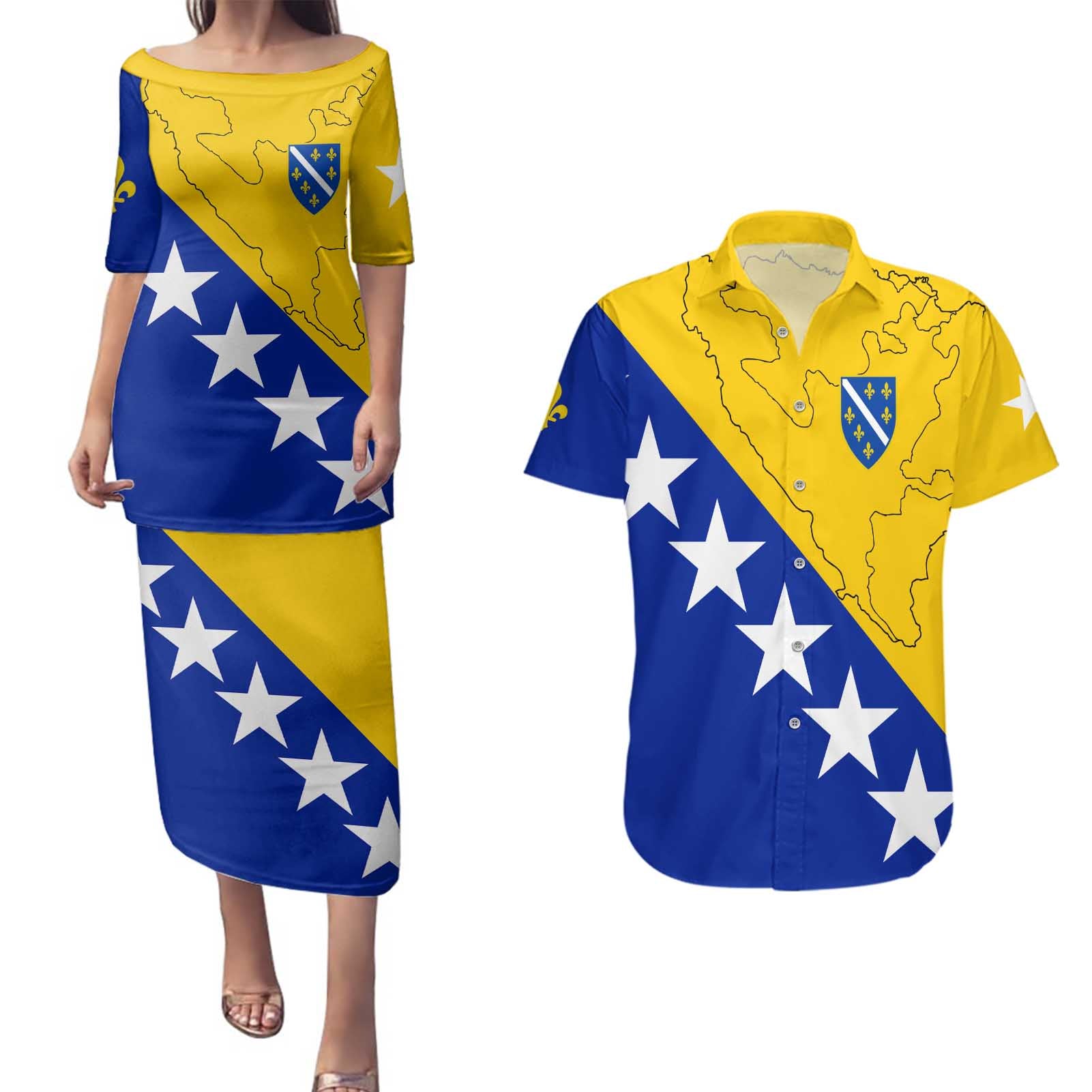 Bosnia and Herzegovina Couples Matching Puletasi and Hawaiian Shirt Flag and Coat of Arms Hoodie – Unique Combination Design