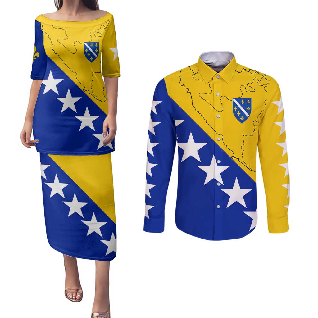 Bosnia and Herzegovina Couples Matching Puletasi and Long Sleeve Button Shirt Flag and Coat of Arms Hoodie – Unique Combination Design
