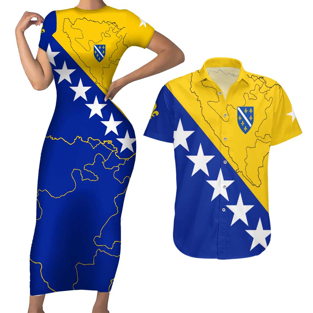 Bosnia and Herzegovina Couples Matching Short Sleeve Bodycon Dress and Hawaiian Shirt Flag and Coat of Arms Hoodie – Unique Combination Design