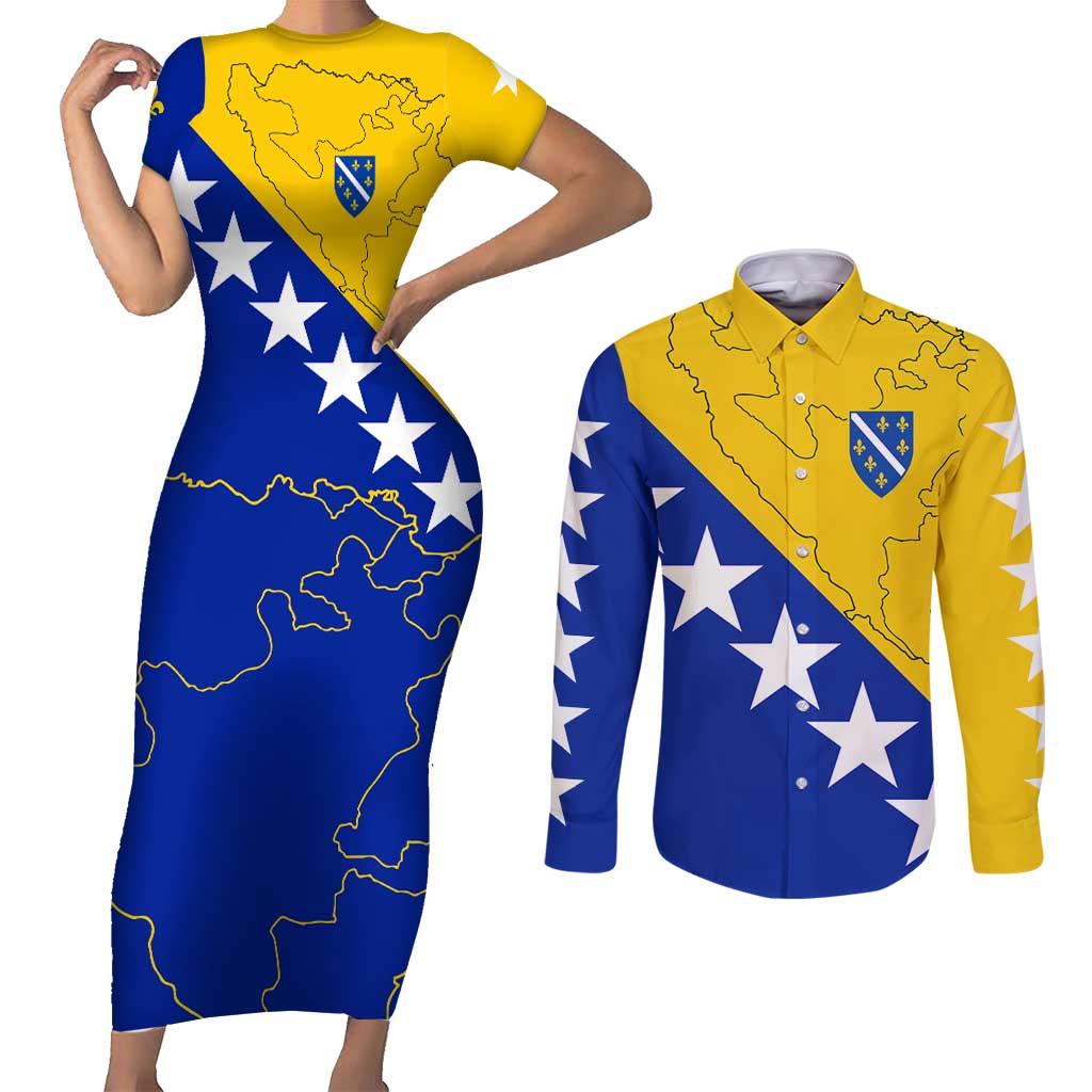 Bosnia and Herzegovina Couples Matching Short Sleeve Bodycon Dress and Long Sleeve Button Shirt Flag and Coat of Arms Hoodie – Unique Combination Design