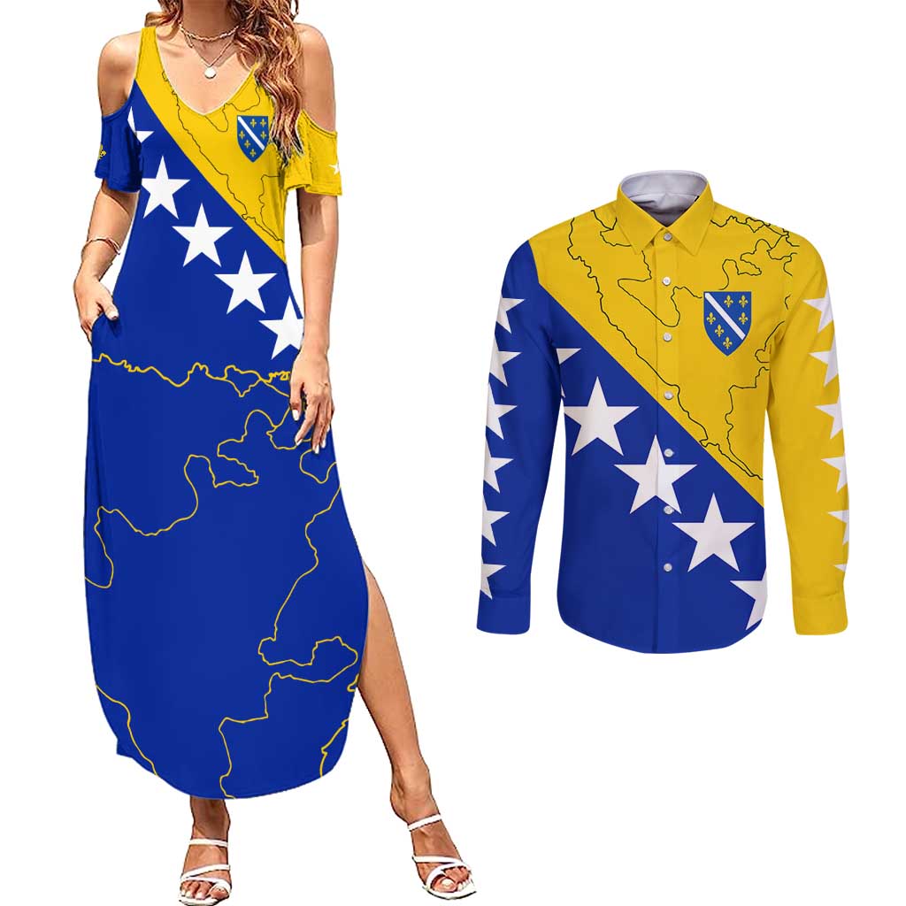 Bosnia and Herzegovina Couples Matching Summer Maxi Dress and Long Sleeve Button Shirt Flag and Coat of Arms Hoodie – Unique Combination Design
