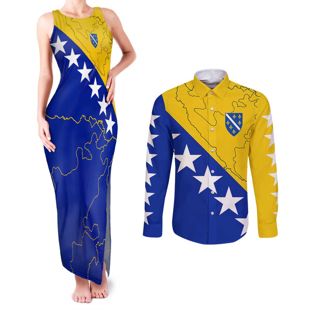 Bosnia and Herzegovina Couples Matching Tank Maxi Dress and Long Sleeve Button Shirt Flag and Coat of Arms Hoodie – Unique Combination Design