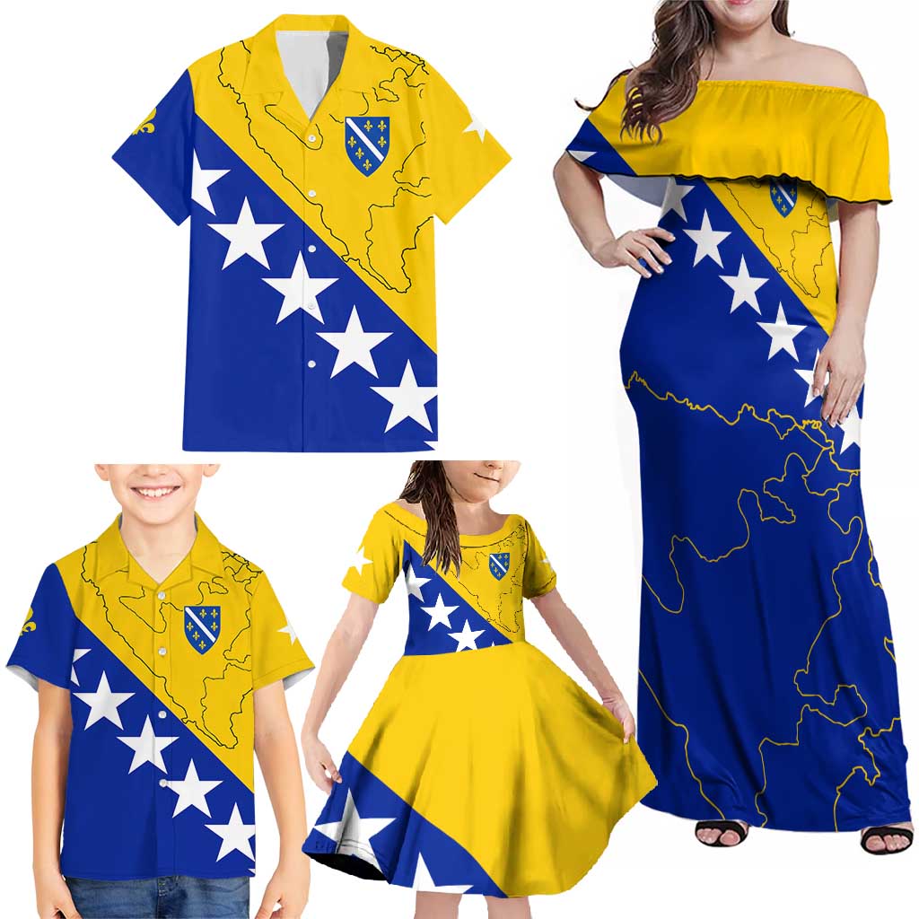 Bosnia and Herzegovina Family Matching Off Shoulder Maxi Dress and Hawaiian Shirt Flag and Coat of Arms Hoodie – Unique Combination Design