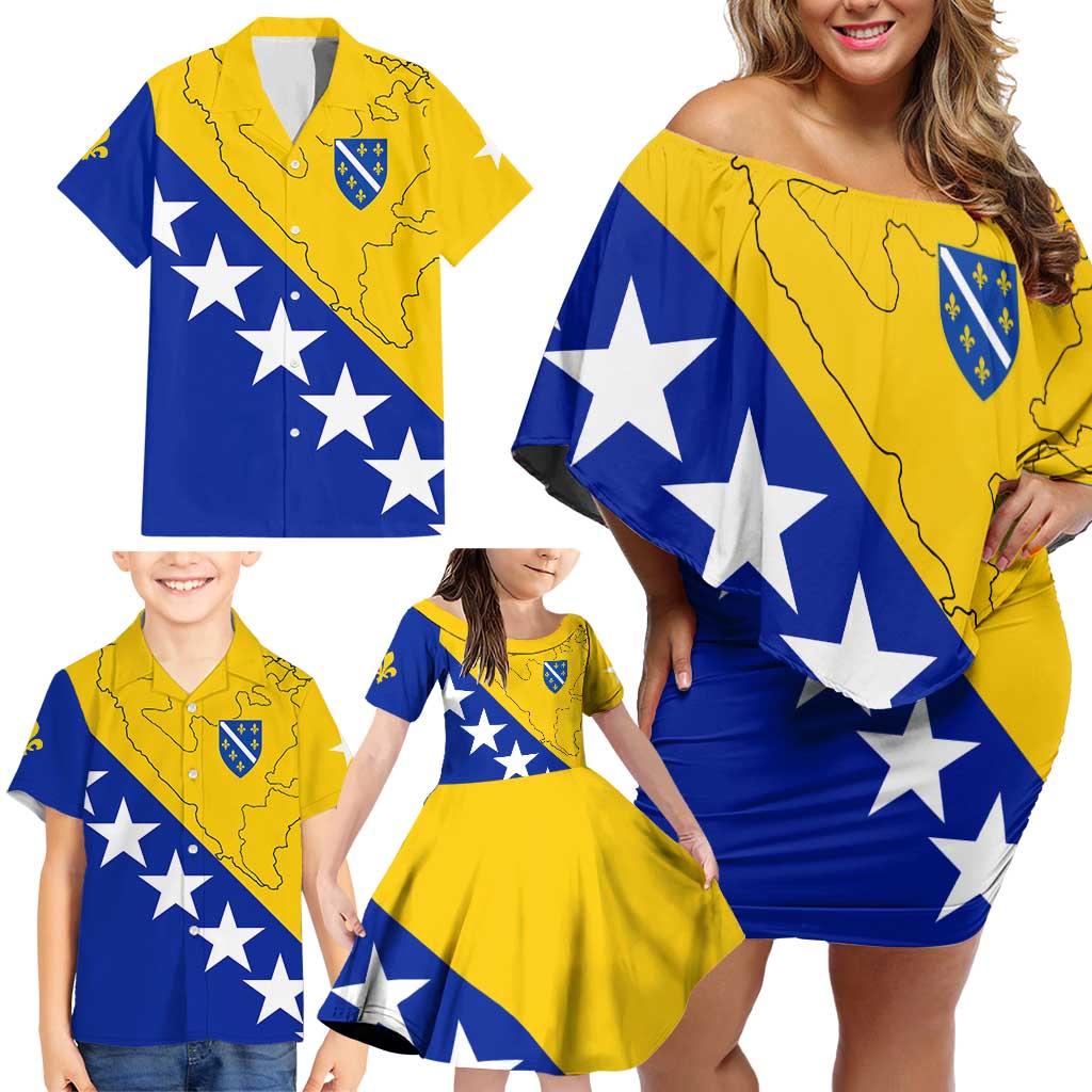 Bosnia and Herzegovina Family Matching Off Shoulder Short Dress and Hawaiian Shirt Flag and Coat of Arms Hoodie – Unique Combination Design