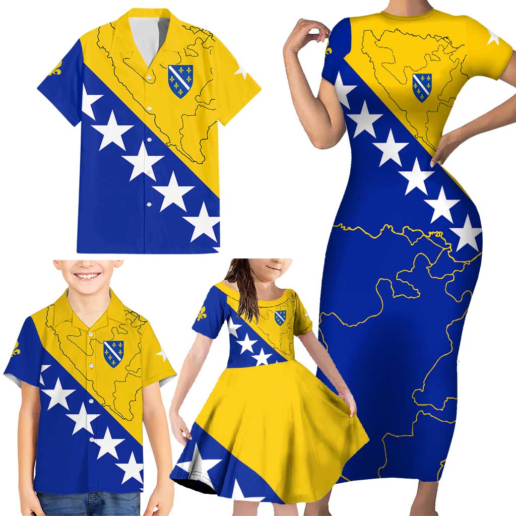 Bosnia and Herzegovina Family Matching Short Sleeve Bodycon Dress and Hawaiian Shirt Flag and Coat of Arms Hoodie – Unique Combination Design