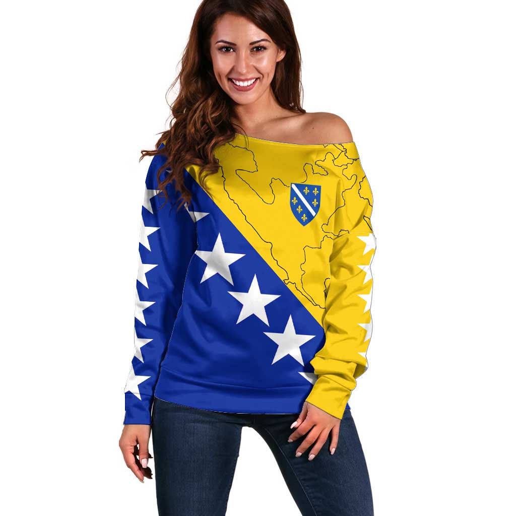 Bosnia and Herzegovina Off Shoulder Sweater Flag and Coat of Arms Hoodie – Unique Combination Design