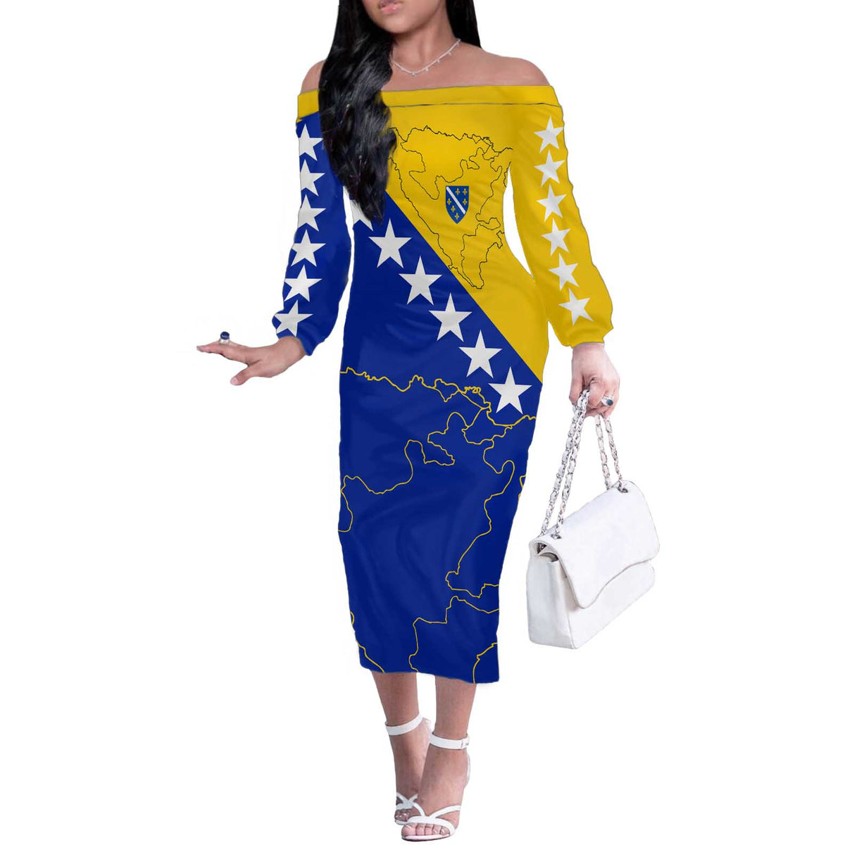 Bosnia and Herzegovina Off The Shoulder Long Sleeve Dress Flag and Coat of Arms Hoodie – Unique Combination Design