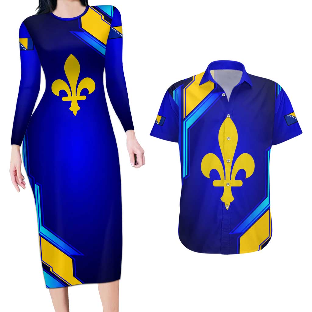 Bosnia and Herzegovina Coat of Arms Couples Matching Long Sleeve Bodycon Dress and Hawaiian Shirt Blend of National Colors & Symbols