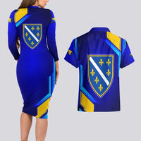 Bosnia and Herzegovina Coat of Arms Couples Matching Long Sleeve Bodycon Dress and Hawaiian Shirt Blend of National Colors & Symbols