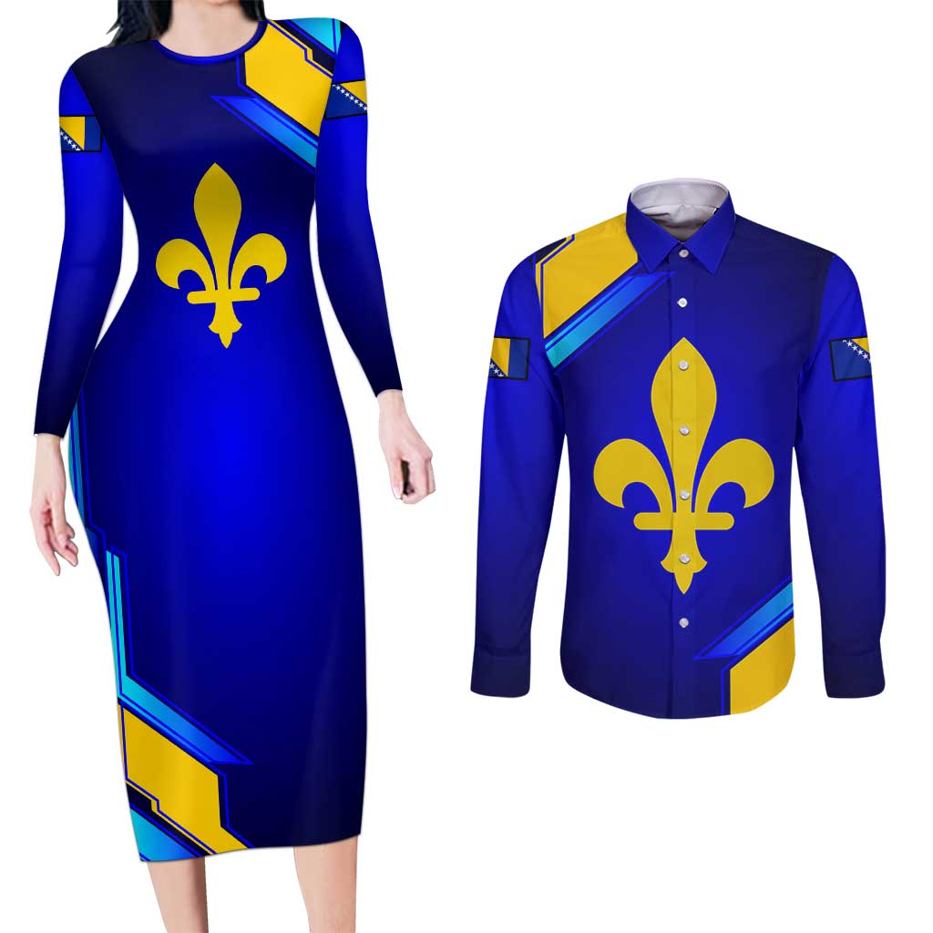 Bosnia and Herzegovina Coat of Arms Couples Matching Long Sleeve Bodycon Dress and Long Sleeve Button Shirt Blend of National Colors & Symbols