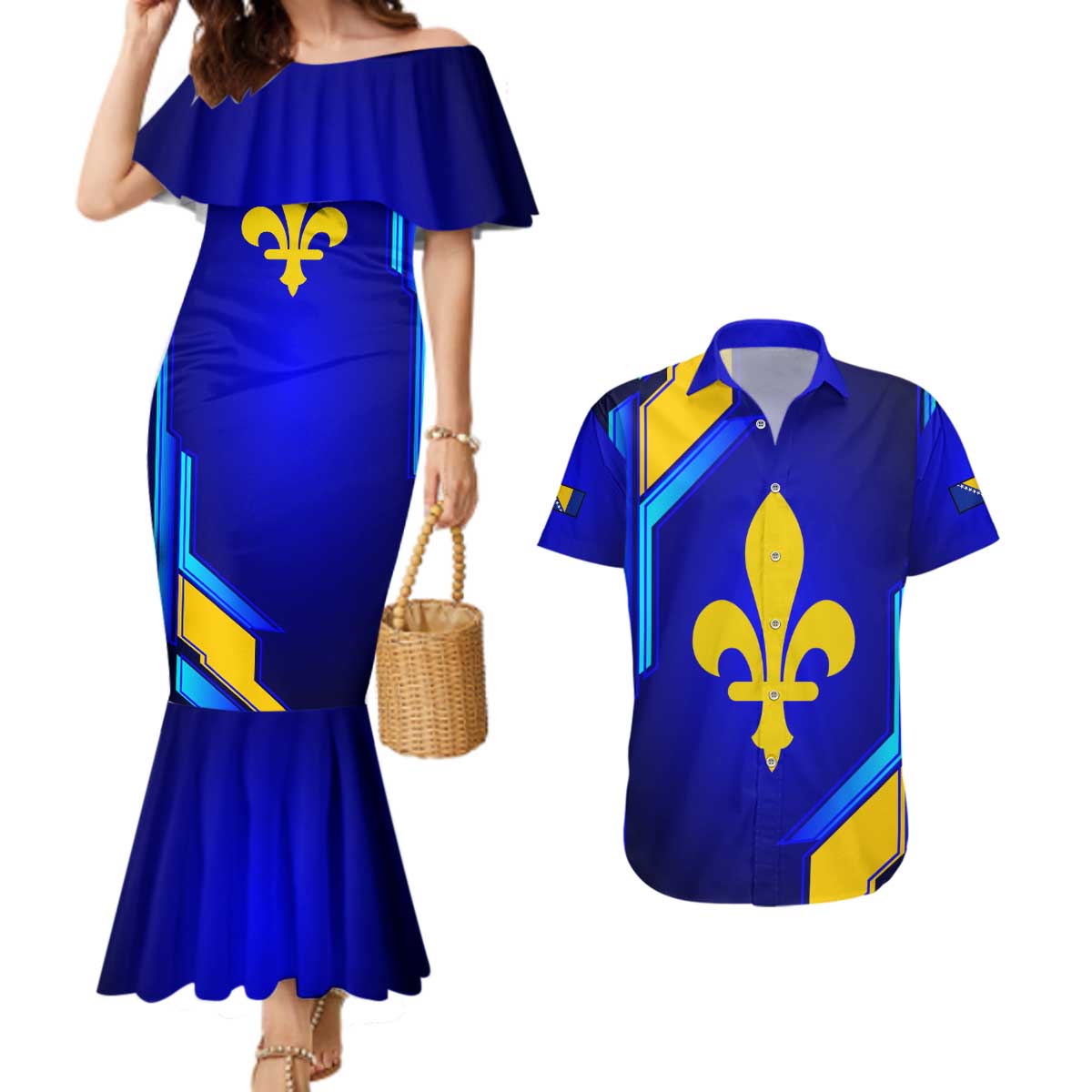 Bosnia and Herzegovina Coat of Arms Couples Matching Mermaid Dress and Hawaiian Shirt Blend of National Colors & Symbols
