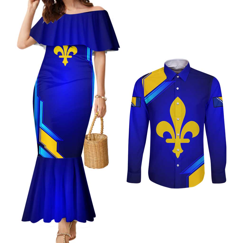 Bosnia and Herzegovina Coat of Arms Couples Matching Mermaid Dress and Long Sleeve Button Shirt Blend of National Colors & Symbols