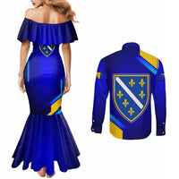 Bosnia and Herzegovina Coat of Arms Couples Matching Mermaid Dress and Long Sleeve Button Shirt Blend of National Colors & Symbols