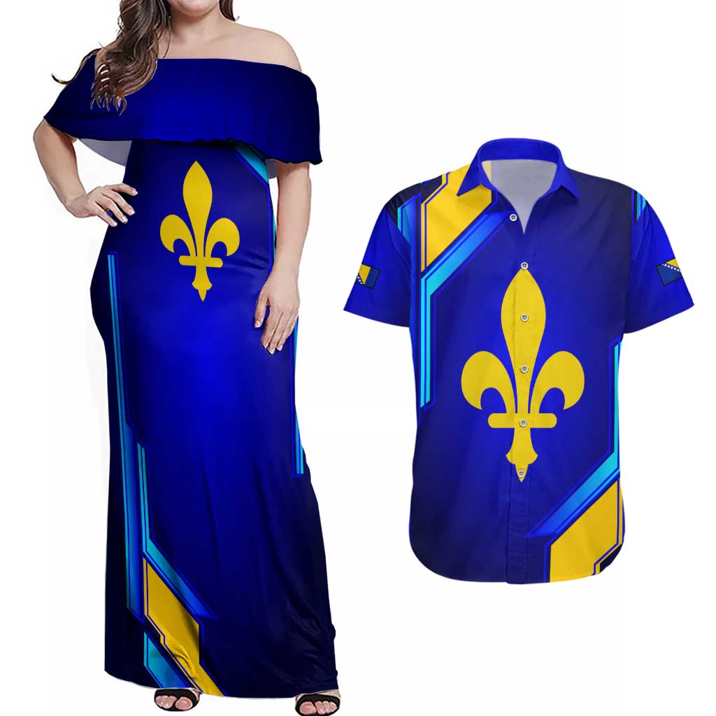 Bosnia and Herzegovina Coat of Arms Couples Matching Off Shoulder Maxi Dress and Hawaiian Shirt Blend of National Colors & Symbols