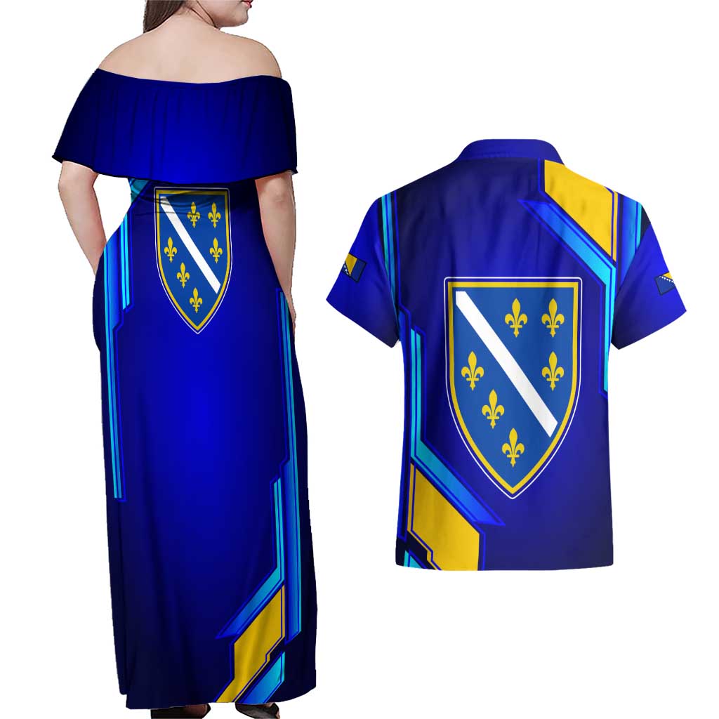 Bosnia and Herzegovina Coat of Arms Couples Matching Off Shoulder Maxi Dress and Hawaiian Shirt Blend of National Colors & Symbols