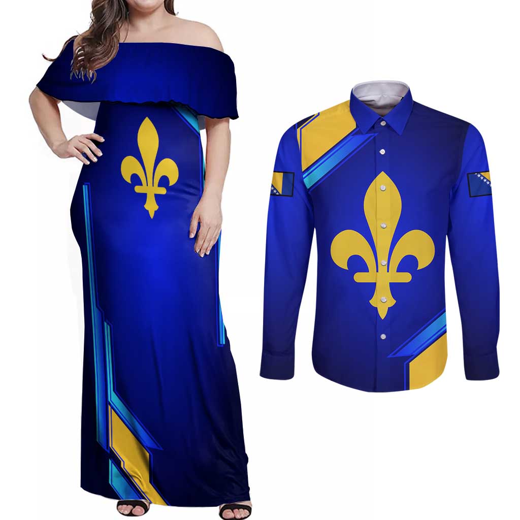 Bosnia and Herzegovina Coat of Arms Couples Matching Off Shoulder Maxi Dress and Long Sleeve Button Shirt Blend of National Colors & Symbols