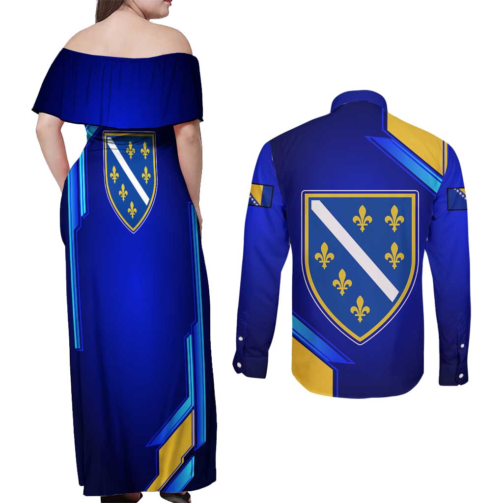 Bosnia and Herzegovina Coat of Arms Couples Matching Off Shoulder Maxi Dress and Long Sleeve Button Shirt Blend of National Colors & Symbols