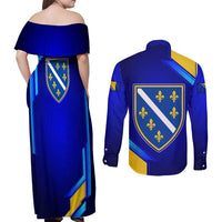 Bosnia and Herzegovina Coat of Arms Couples Matching Off Shoulder Maxi Dress and Long Sleeve Button Shirt Blend of National Colors & Symbols
