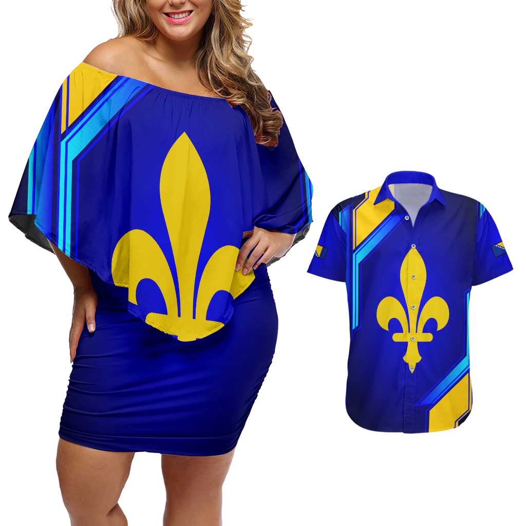 Bosnia and Herzegovina Coat of Arms Couples Matching Off Shoulder Short Dress and Hawaiian Shirt Blend of National Colors & Symbols