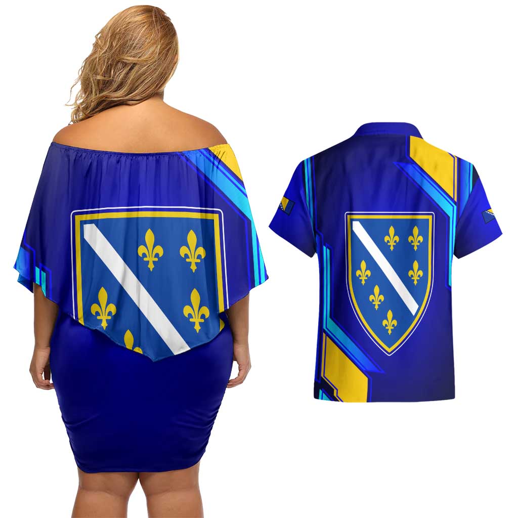Bosnia and Herzegovina Coat of Arms Couples Matching Off Shoulder Short Dress and Hawaiian Shirt Blend of National Colors & Symbols