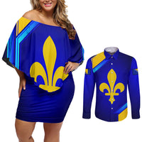 Bosnia and Herzegovina Coat of Arms Couples Matching Off Shoulder Short Dress and Long Sleeve Button Shirt Blend of National Colors & Symbols