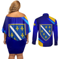 Bosnia and Herzegovina Coat of Arms Couples Matching Off Shoulder Short Dress and Long Sleeve Button Shirt Blend of National Colors & Symbols