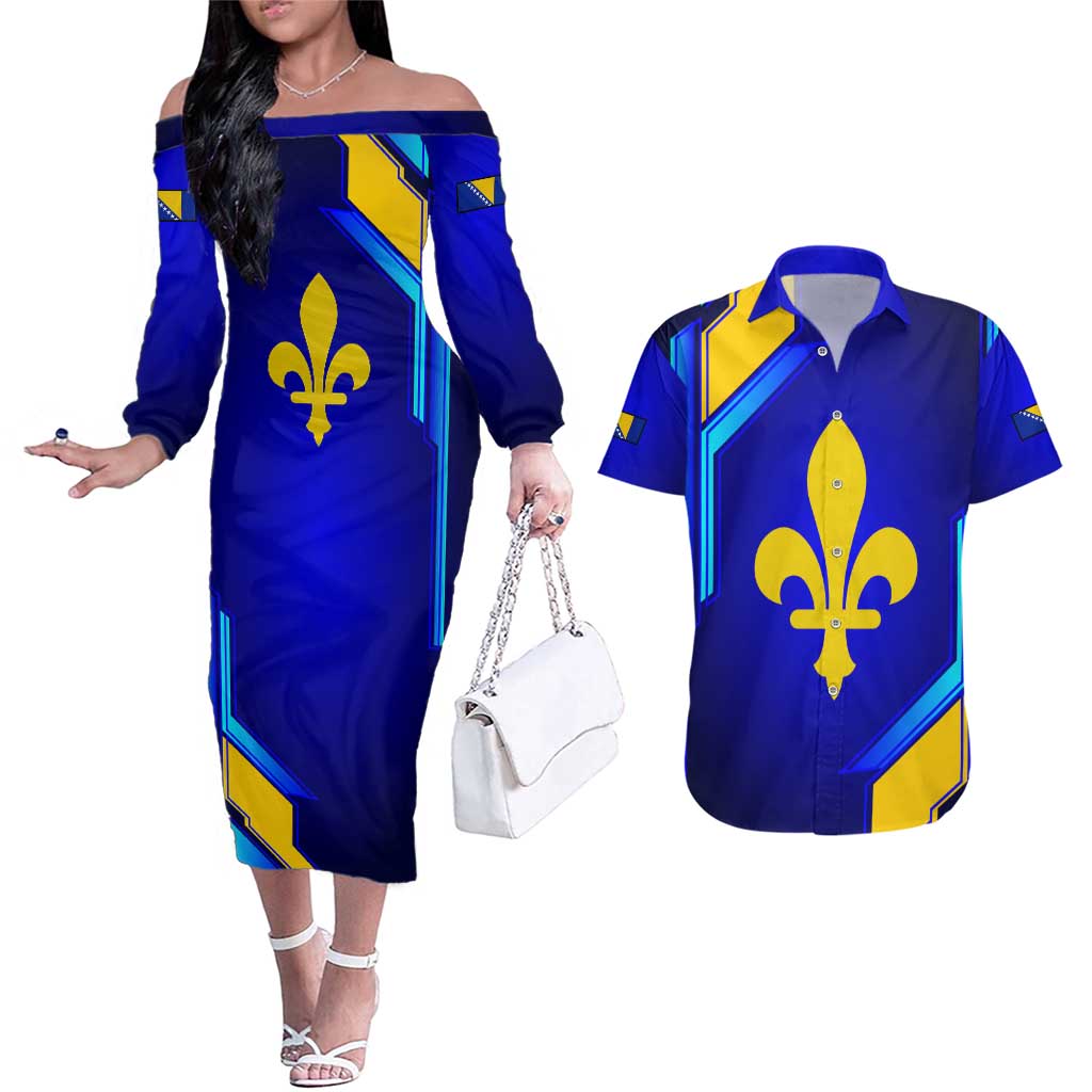 Bosnia and Herzegovina Coat of Arms Couples Matching Off The Shoulder Long Sleeve Dress and Hawaiian Shirt Blend of National Colors & Symbols