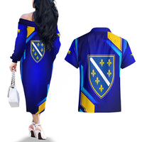Bosnia and Herzegovina Coat of Arms Couples Matching Off The Shoulder Long Sleeve Dress and Hawaiian Shirt Blend of National Colors & Symbols