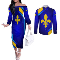 Bosnia and Herzegovina Coat of Arms Couples Matching Off The Shoulder Long Sleeve Dress and Long Sleeve Button Shirt Blend of National Colors & Symbols