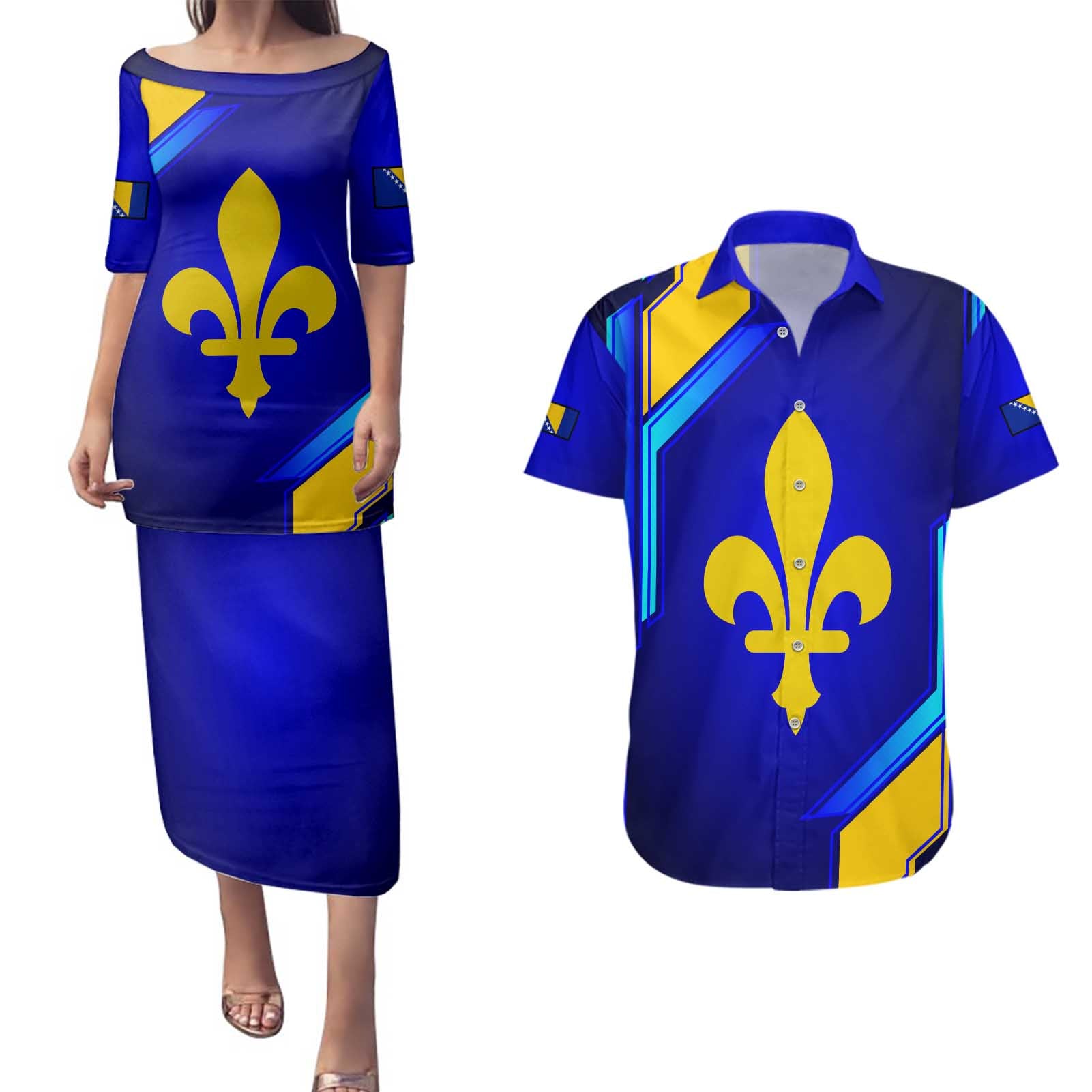 Bosnia and Herzegovina Coat of Arms Couples Matching Puletasi and Hawaiian Shirt Blend of National Colors & Symbols