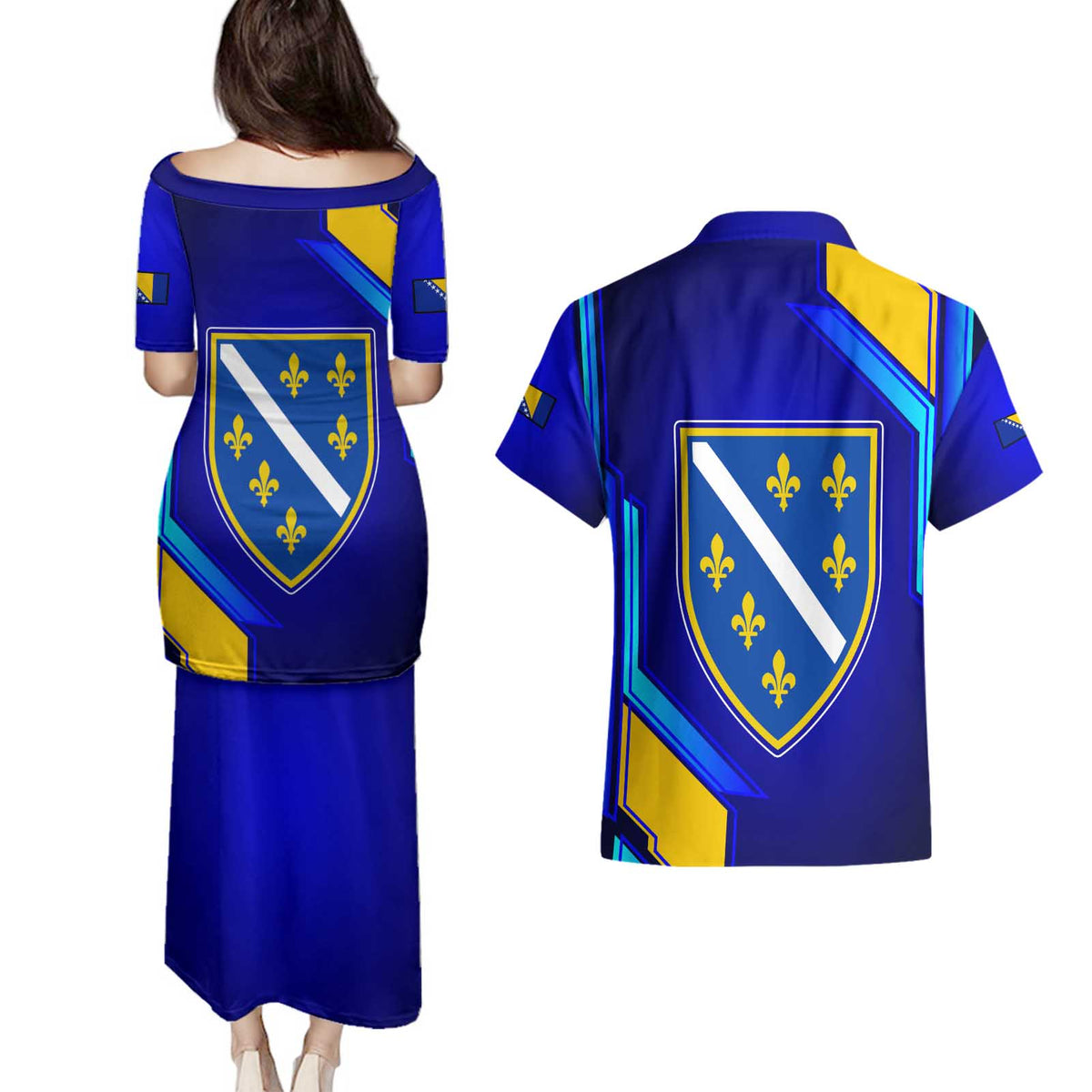 Bosnia and Herzegovina Coat of Arms Couples Matching Puletasi and Hawaiian Shirt Blend of National Colors & Symbols