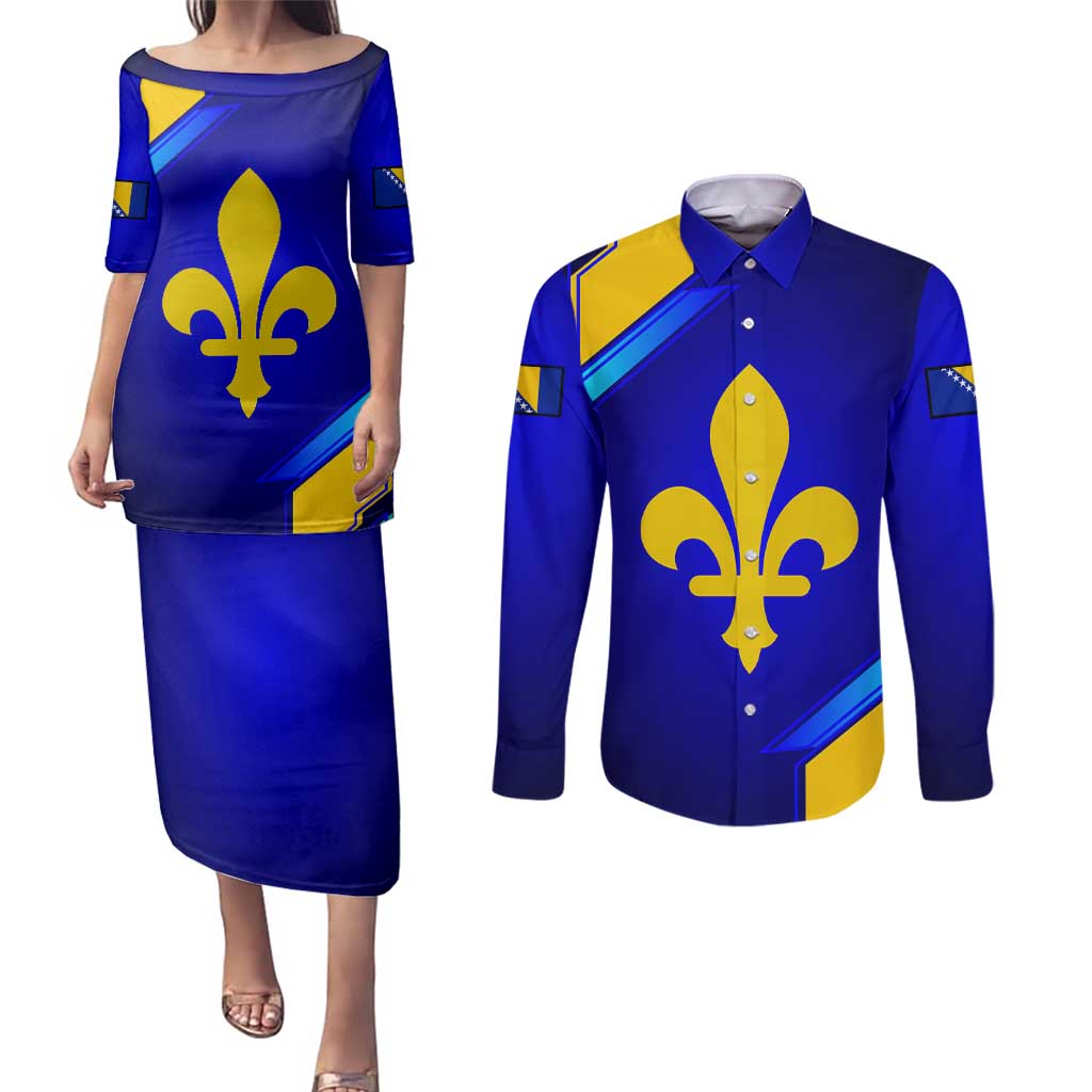 Bosnia and Herzegovina Coat of Arms Couples Matching Puletasi and Long Sleeve Button Shirt Blend of National Colors & Symbols