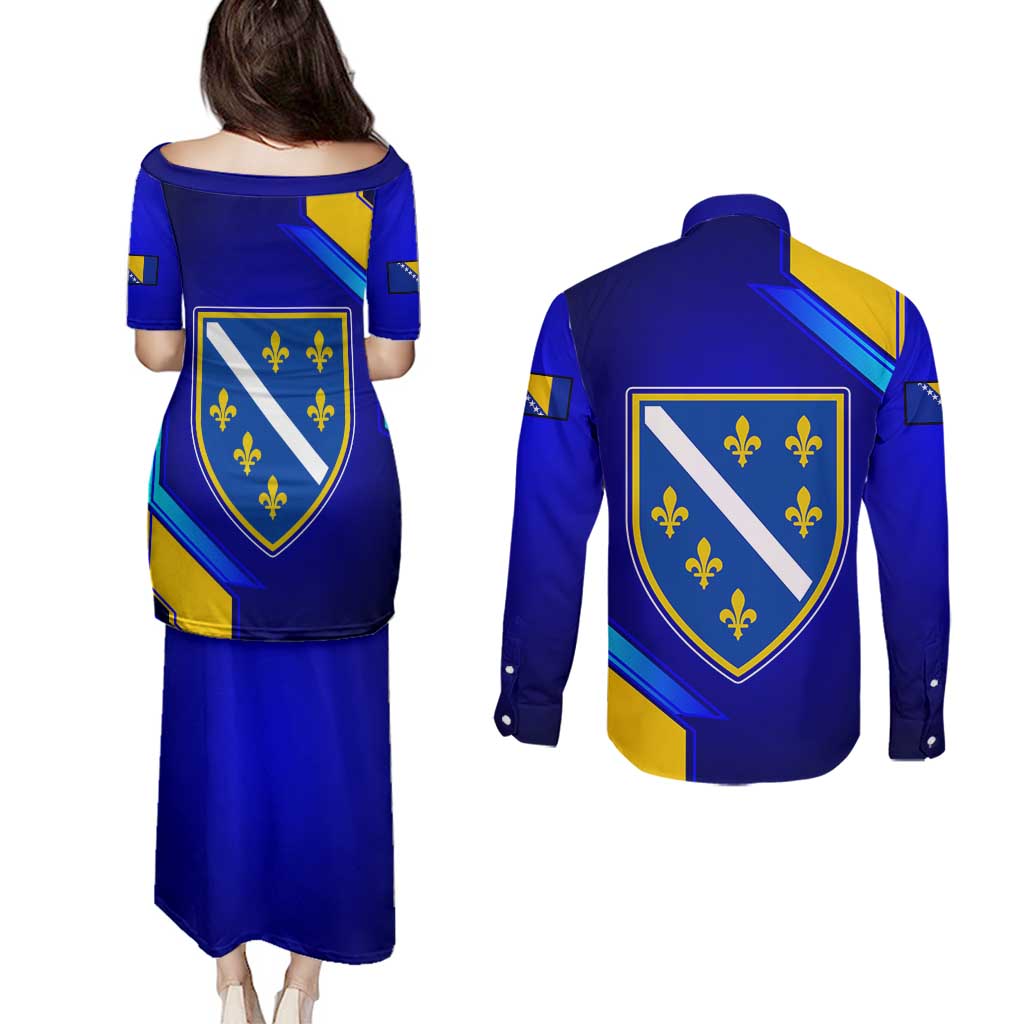 Bosnia and Herzegovina Coat of Arms Couples Matching Puletasi and Long Sleeve Button Shirt Blend of National Colors & Symbols