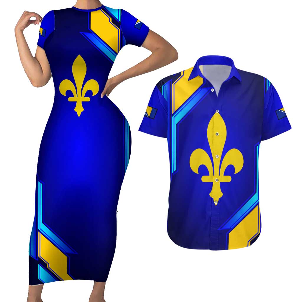 Bosnia and Herzegovina Coat of Arms Couples Matching Short Sleeve Bodycon Dress and Hawaiian Shirt Blend of National Colors & Symbols