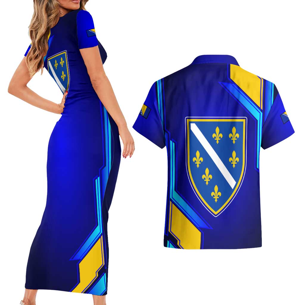 Bosnia and Herzegovina Coat of Arms Couples Matching Short Sleeve Bodycon Dress and Hawaiian Shirt Blend of National Colors & Symbols
