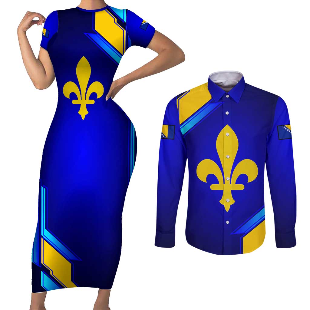 Bosnia and Herzegovina Coat of Arms Couples Matching Short Sleeve Bodycon Dress and Long Sleeve Button Shirt Blend of National Colors & Symbols