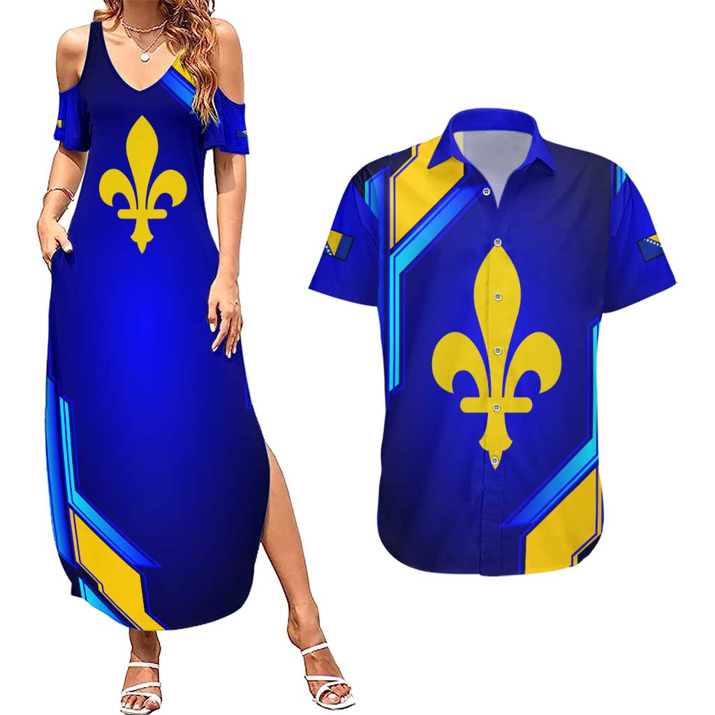 Bosnia and Herzegovina Coat of Arms Couples Matching Summer Maxi Dress and Hawaiian Shirt Blend of National Colors & Symbols