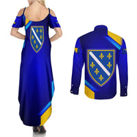 Bosnia and Herzegovina Coat of Arms Couples Matching Summer Maxi Dress and Long Sleeve Button Shirt Blend of National Colors & Symbols