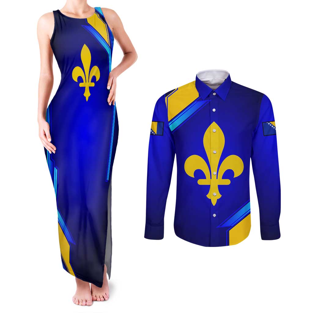 Bosnia and Herzegovina Coat of Arms Couples Matching Tank Maxi Dress and Long Sleeve Button Shirt Blend of National Colors & Symbols