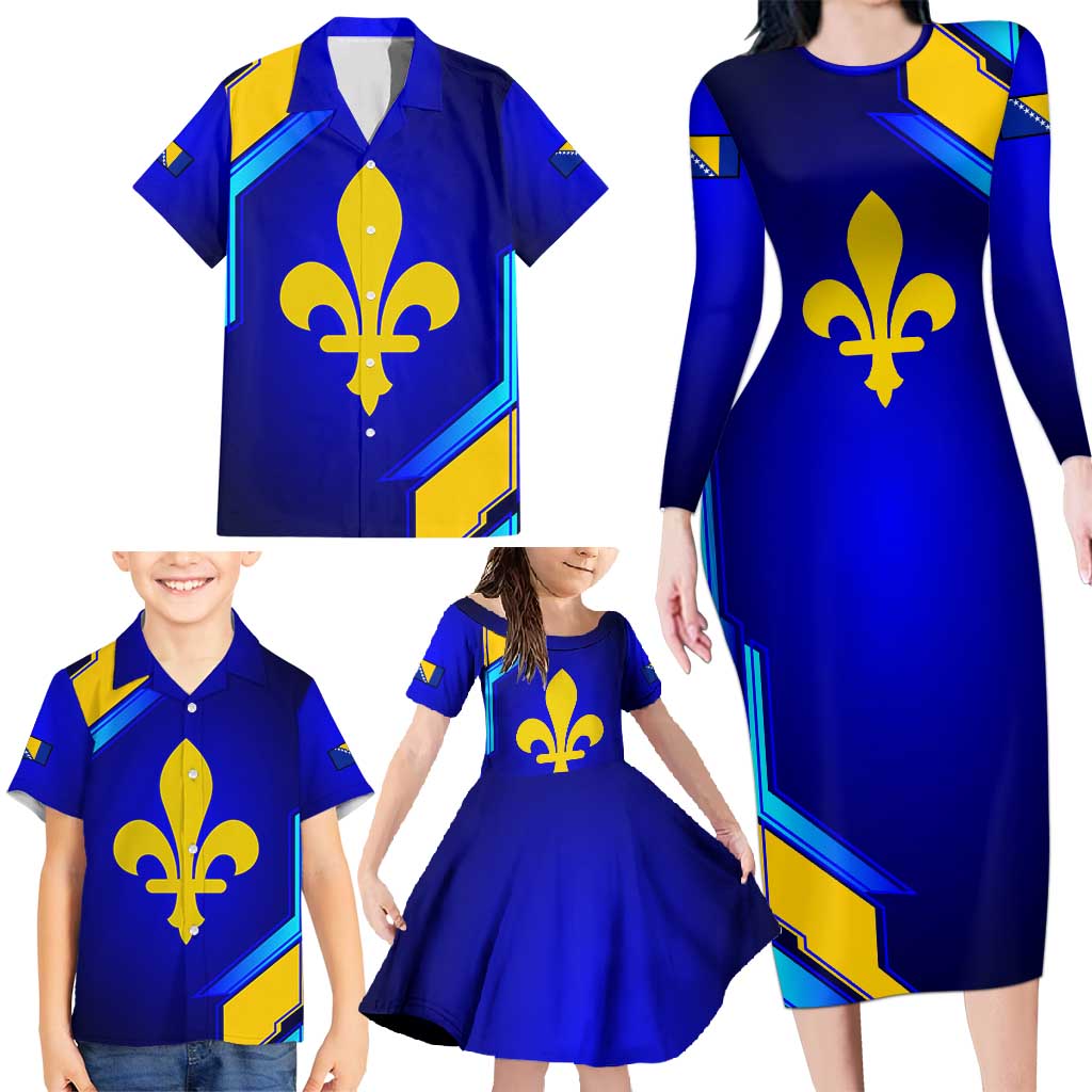 Bosnia and Herzegovina Coat of Arms Family Matching Long Sleeve Bodycon Dress and Hawaiian Shirt Blend of National Colors & Symbols