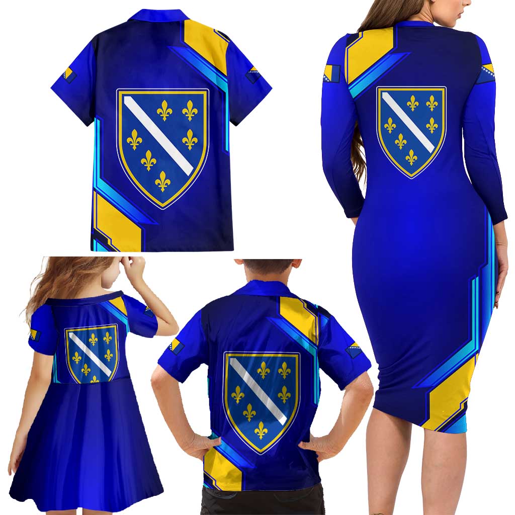 Bosnia and Herzegovina Coat of Arms Family Matching Long Sleeve Bodycon Dress and Hawaiian Shirt Blend of National Colors & Symbols