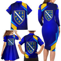 Bosnia and Herzegovina Coat of Arms Family Matching Long Sleeve Bodycon Dress and Hawaiian Shirt Blend of National Colors & Symbols