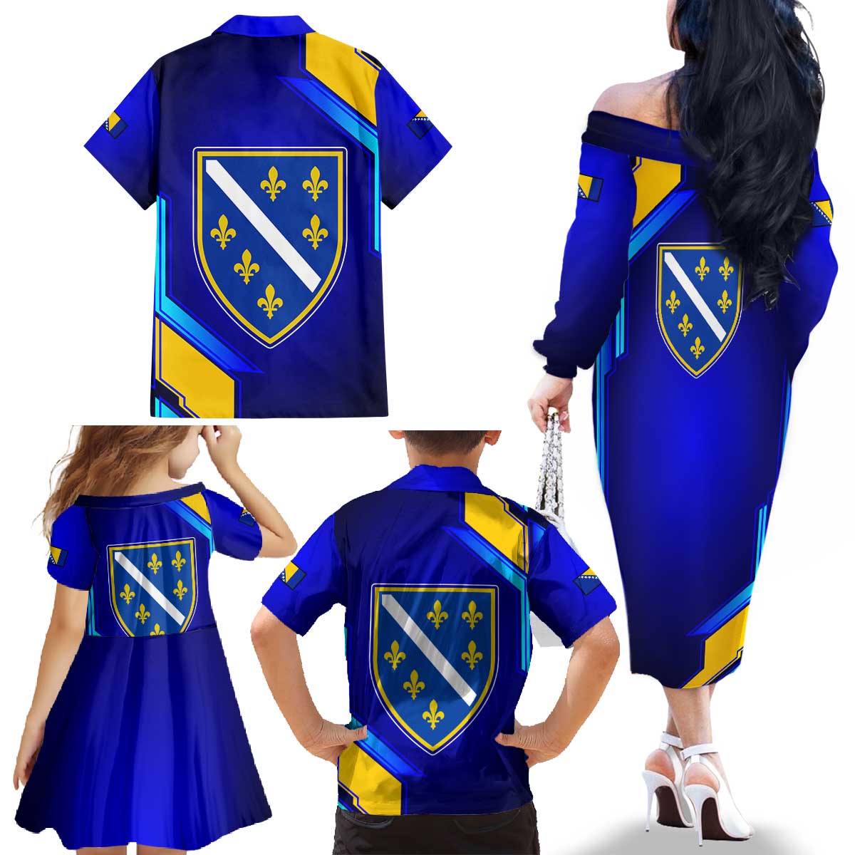 Bosnia and Herzegovina Coat of Arms Family Matching Off The Shoulder Long Sleeve Dress and Hawaiian Shirt Blend of National Colors & Symbols