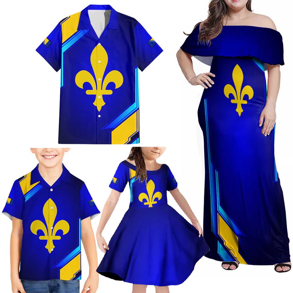 Bosnia and Herzegovina Coat of Arms Family Matching Off Shoulder Maxi Dress and Hawaiian Shirt Blend of National Colors & Symbols