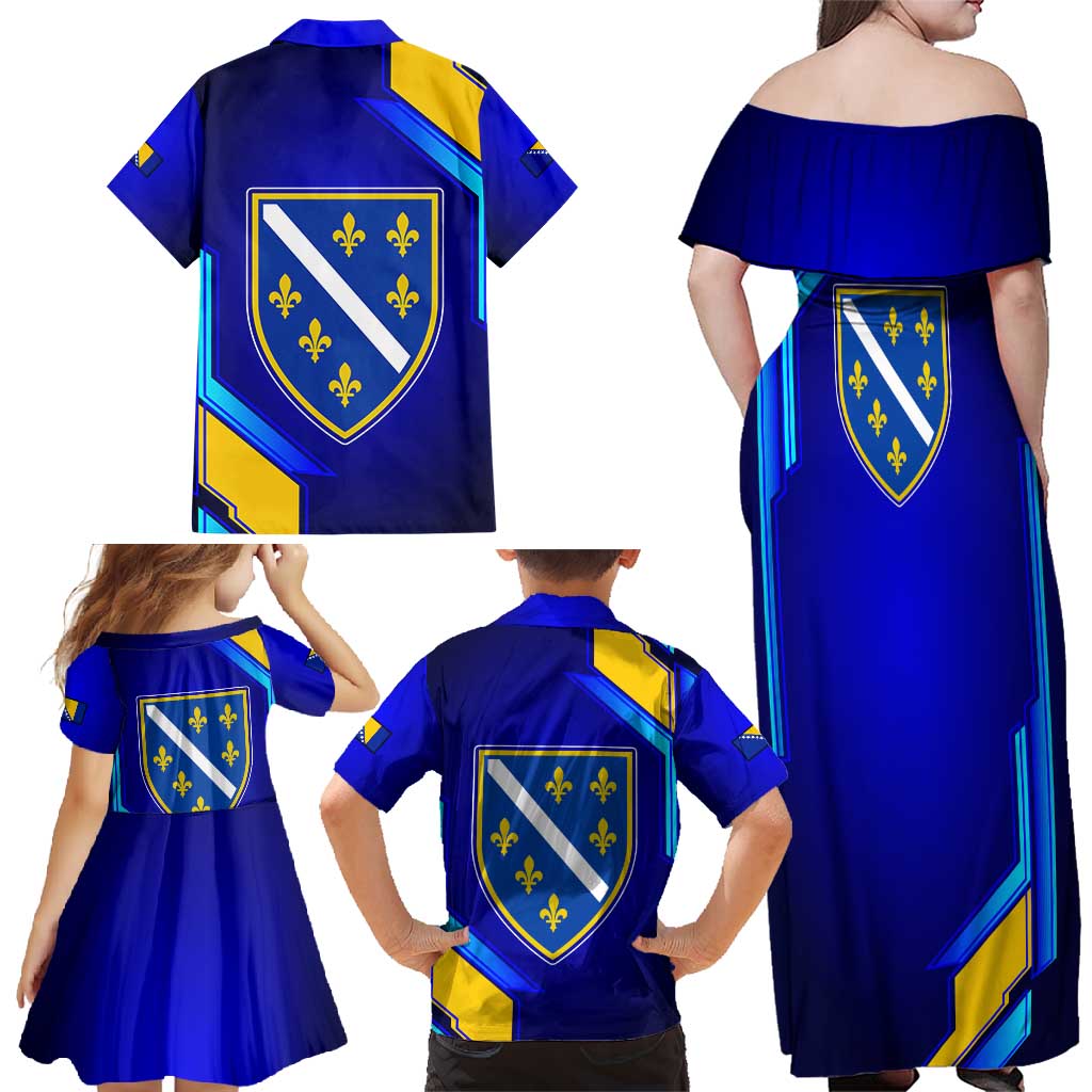Bosnia and Herzegovina Coat of Arms Family Matching Off Shoulder Maxi Dress and Hawaiian Shirt Blend of National Colors & Symbols