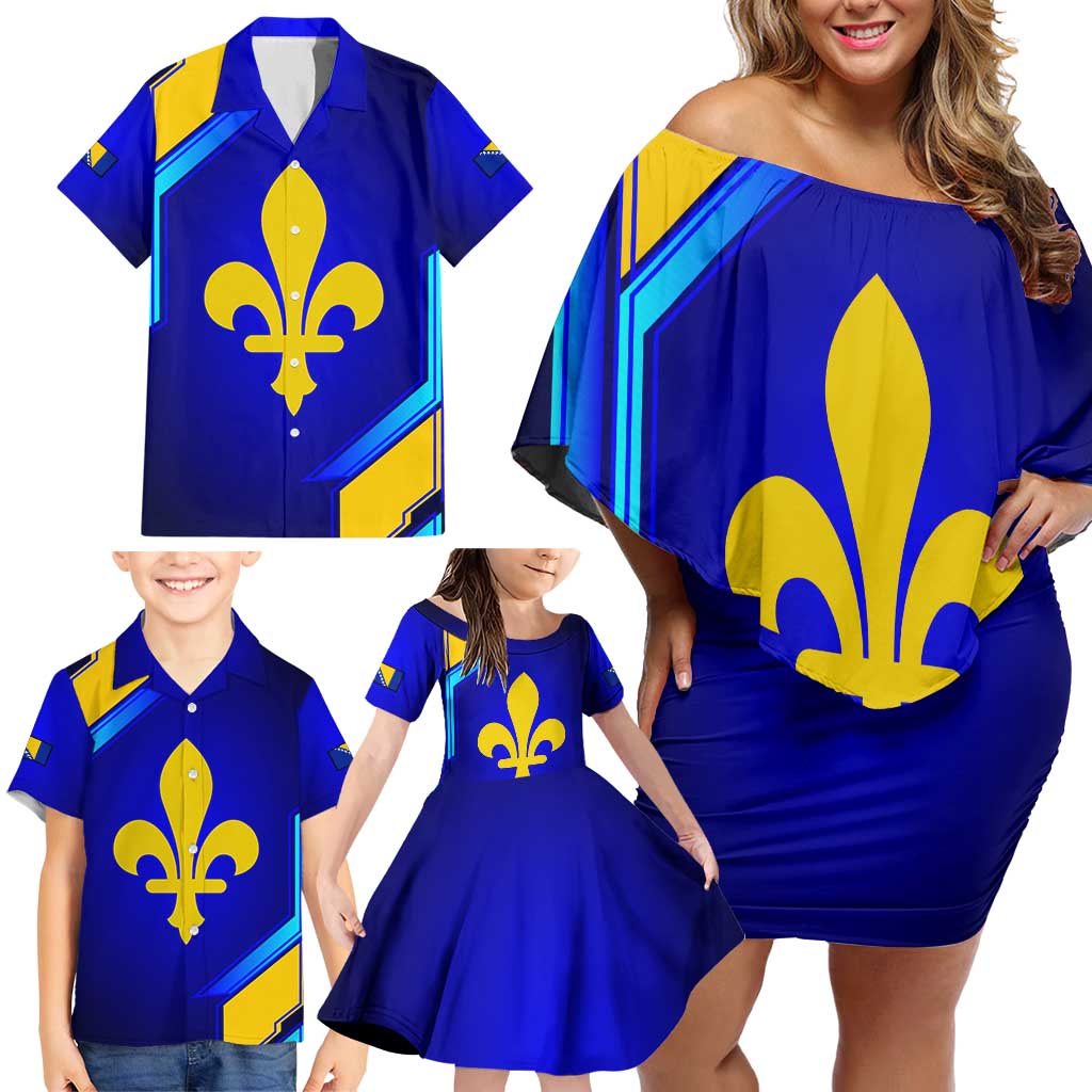 Bosnia and Herzegovina Coat of Arms Family Matching Off Shoulder Short Dress and Hawaiian Shirt Blend of National Colors & Symbols